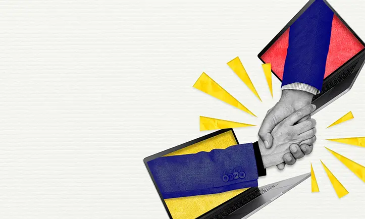 Digital marketing partnership — professionals shaking hands through laptop screens